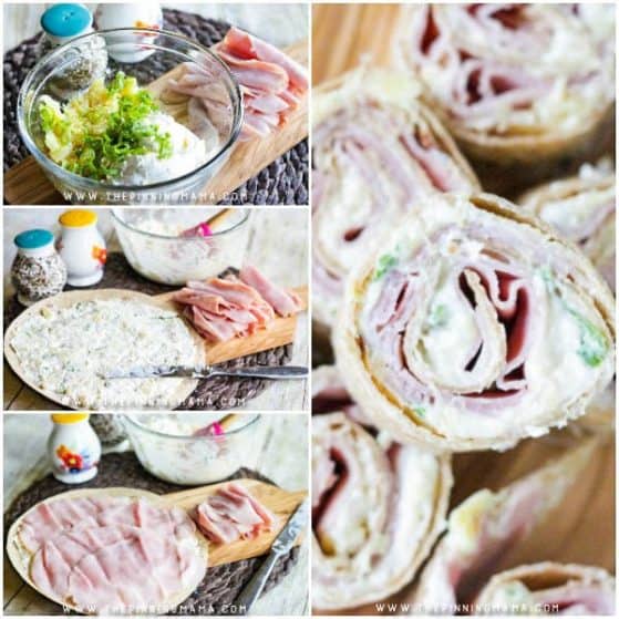 Ham & Pineapple Tortilla Roll Up Recipe- Perfect for a brunch or appetizer for a party! The biggest challenge is not eating them all before you bring them to the party!