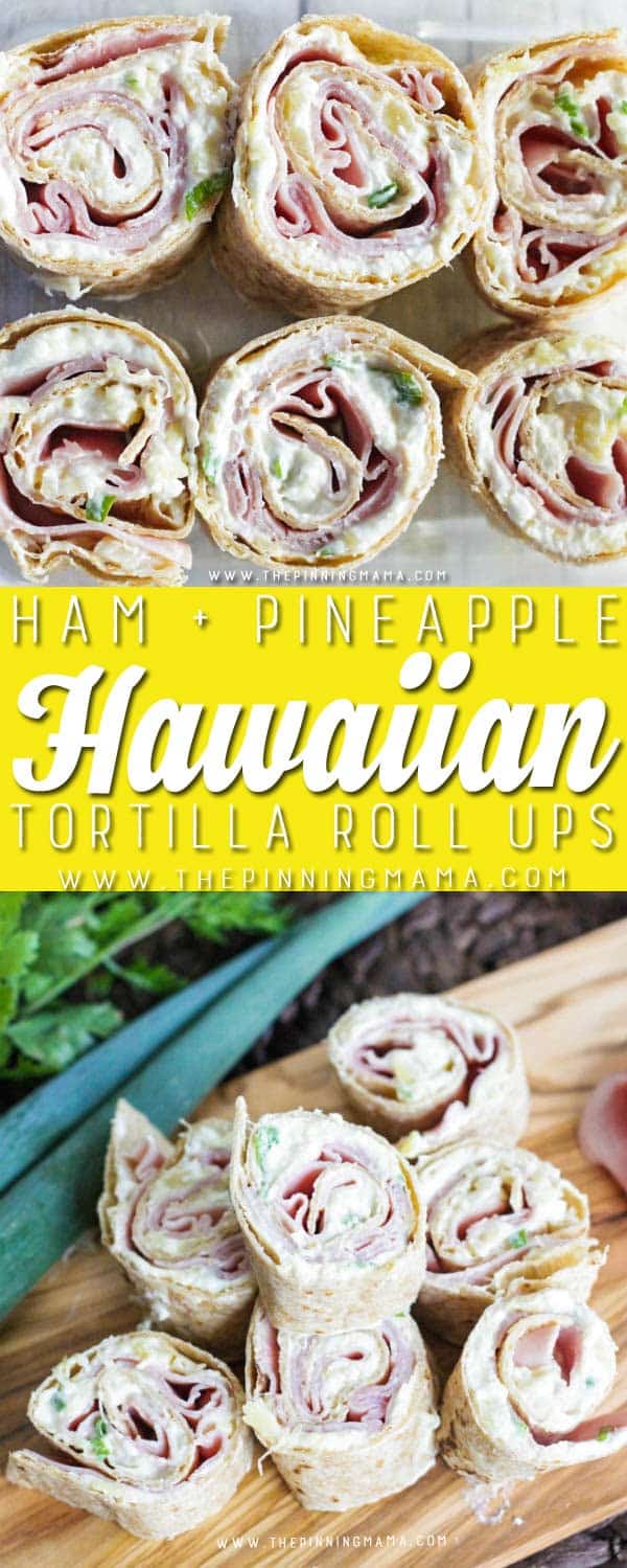 Ham & Pineapple Tortilla Roll Ups- One of the best appetizers I have made! You could use these in a lunch box too as something so much yummier than a boring old sandwich! They have pineapple, cream cheese and ham all rolled up together. It sounds different, but trust me!!! SO GOOD!!