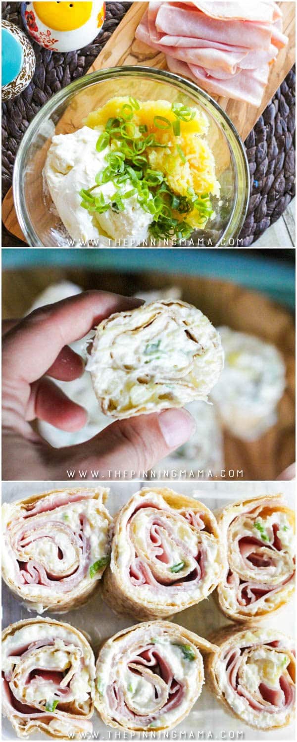 Ham & Pineapple Tortilla Roll Up Recipe - This recipe only has 5 ingredients and is so easy to make! It is a great party appetizer, football or tailgating food, and even pretty enough for a baby shower or bridal shower. Seriously people will be knocking down your door asking for this recipe!!