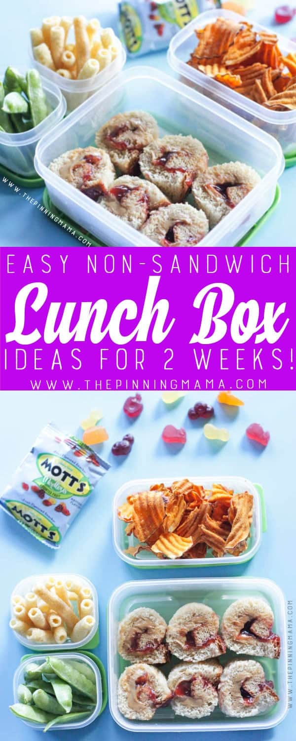 Peanut Butter & Jelly Roll Up Lunch box idea - Just one of 2 weeks worth of non-sandwich school lunch ideas that are fun, healthy, and easy to make! Grab your lunch bag or bento box and get started!