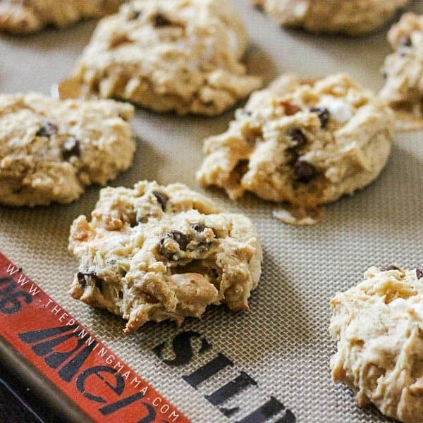 Soft, Thick & Chewy Smores Cookie Recipe- Filled with rich chocolate, yummy graham cracker crumbs and ooey, gooey marshmallows this cookie recipe will be a family favorite in no time!
