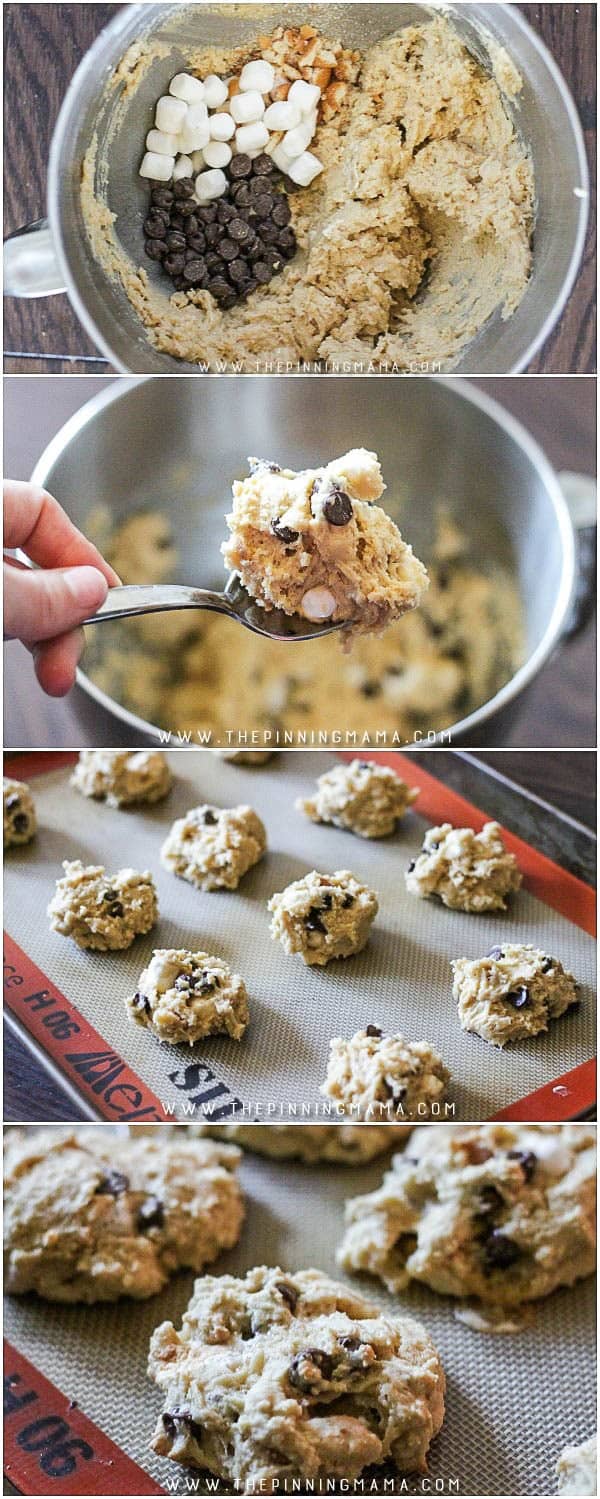 Soft, Thick & Chewy Smores Cookie Recipe- Filled with rich chocolate, yummy graham cracker crumbs and ooey, gooey marshmallows this cookie recipe will be a family favorite in no time!
