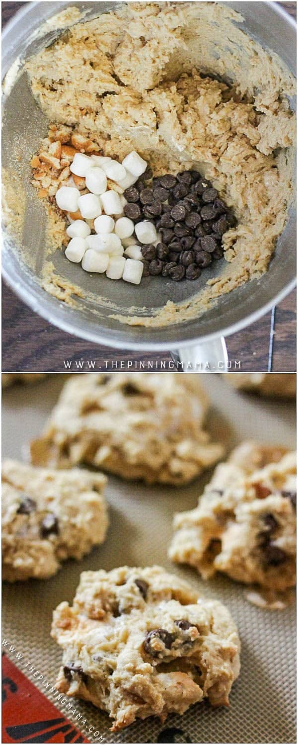 Soft, Thick & Chewy Smores Cookie Recipe- Filled with rich chocolate, yummy graham cracker crumbs and ooey, gooey marshmallows this cookie recipe will be a family favorite in no time!