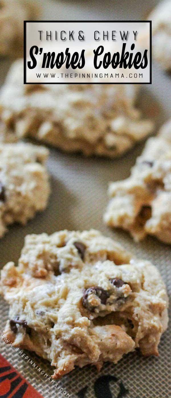 Soft, Thick & Chewy Smores Cookie Recipe- Filled with rich chocolate, yummy graham cracker crumbs and ooey, gooey marshmallows this cookie recipe will be a family favorite in no time!