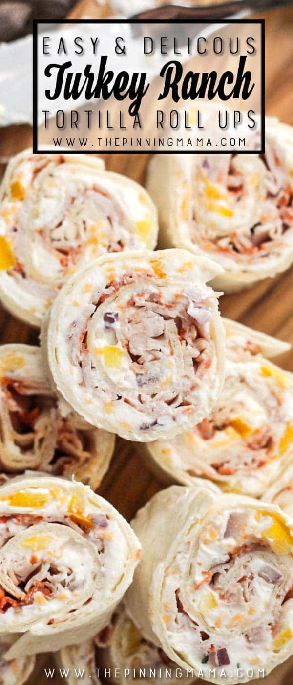 Great party appetizer because it is SO GOOD and easy to make! Turkey ranch tortilla roll ups recipe- My kids even love to eat these in their lunch box!