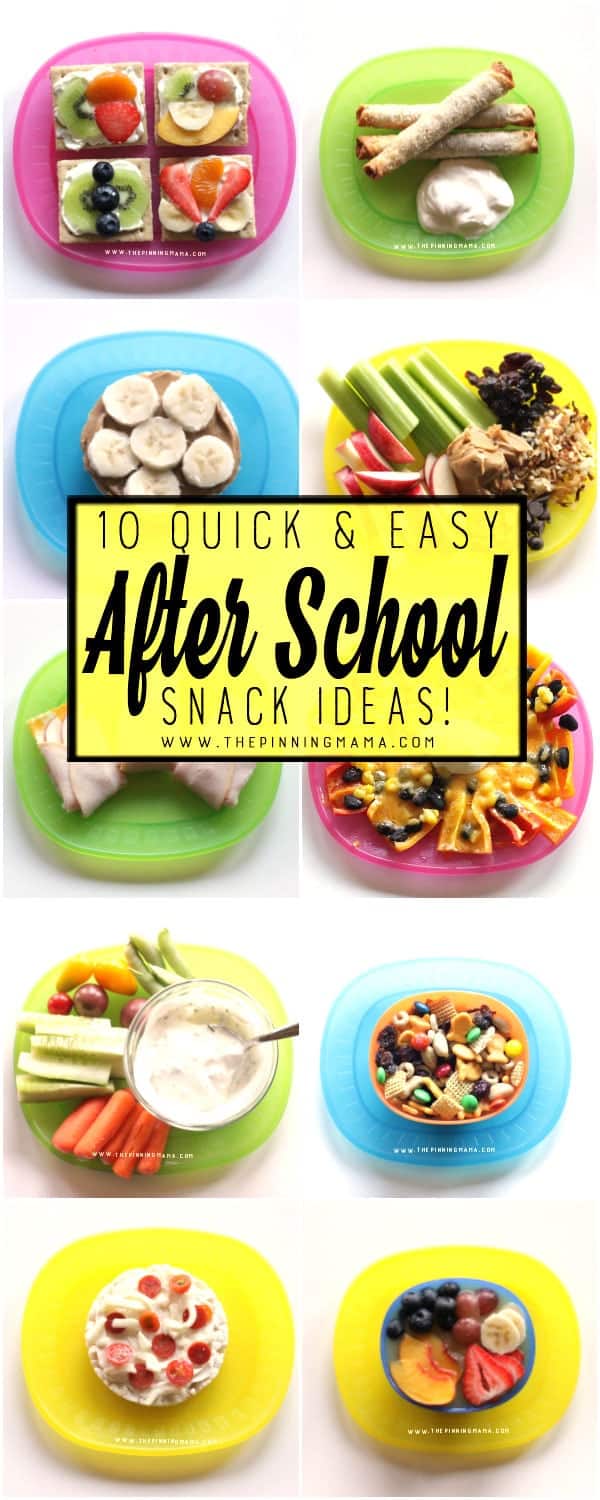 10 Quick and Easy Snack Ideas that REALLY only take 5 minutes to make. My kids love all of these and it makes it so much easier to feed the kids a healthy snack after school with these easy snack ideas!