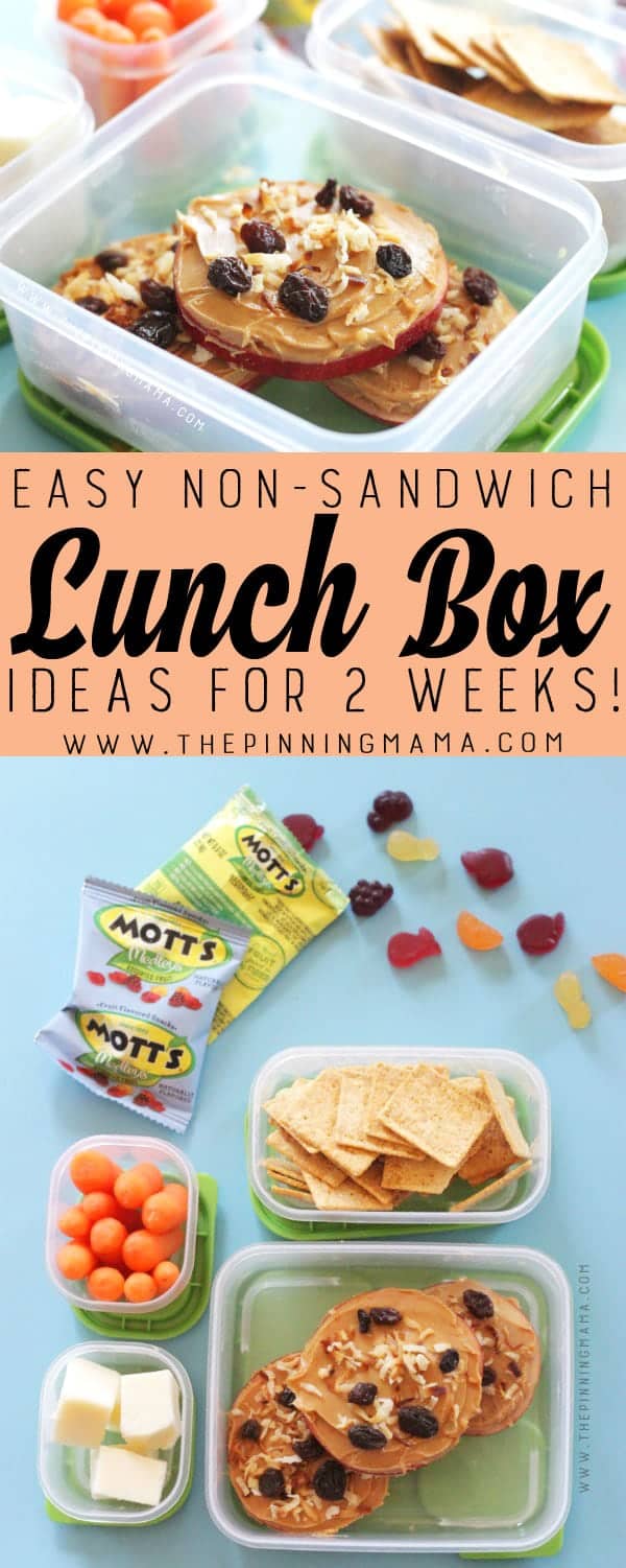 Apple Pizza lunch box idea for kids! Just one of 2 weeks worth of non-sandwich school lunch ideas that are fun, healthy, and easy to make! Grab your lunch bag or bento box and get started!