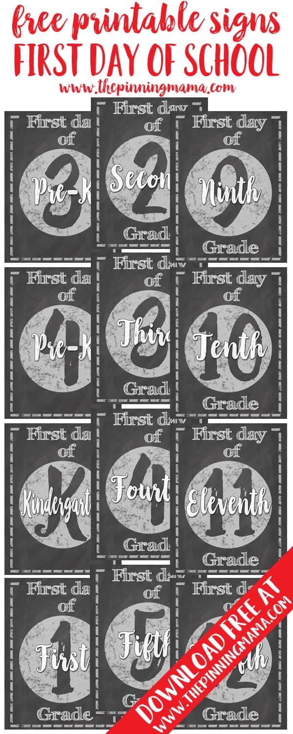 These are so CUTE!! Free Chalkboard Printable First Day of School Signs - Pre-K through 12th grade! Use these for the cutest first day of school photos!