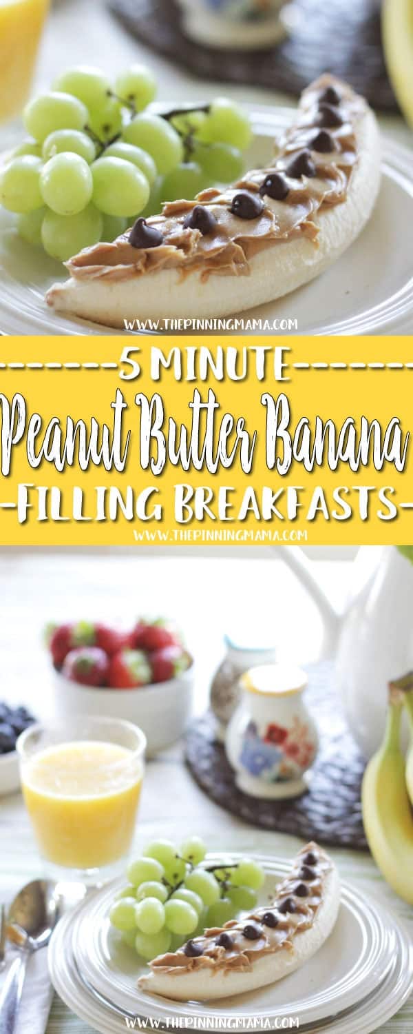 Peanut Butter Banana Breakfast Idea - 6 five minute breakfast ideas that you and your kids will love! I add chocolate chips to the banana for the kids, but my husband and I love to just eat it plain. Check out all the other ideas for lots of great quick breakfast ideas!