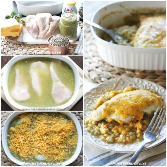 Salsa Verde Chicken Bake Recipe- One pot + 5 ingredients and dinner is on the table!! This is a super healthy, protein packed dinner you can prep in minutes!