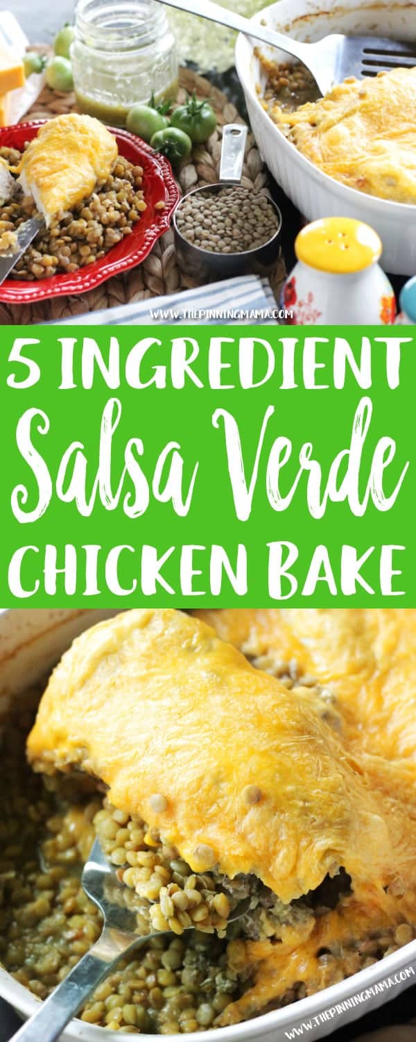 Salsa Verde Chicken Bake Recipe- One pot + 5 ingredients and dinner is on the table!! This is a super healthy, protein packed dinner you can prep in minutes!