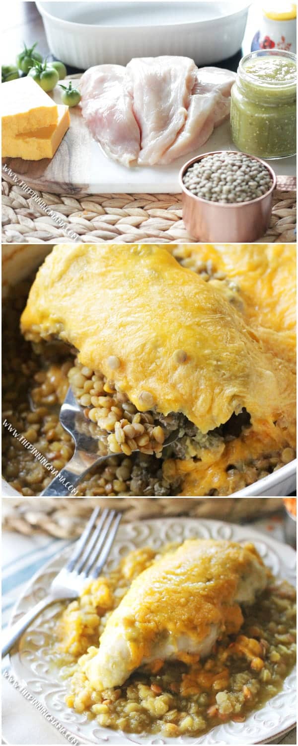 Salsa Verde Chicken Bake- One pot + 5 ingredients and dinner is on the table!! This is a super healthy, protein packed dinner you can prep in minutes!