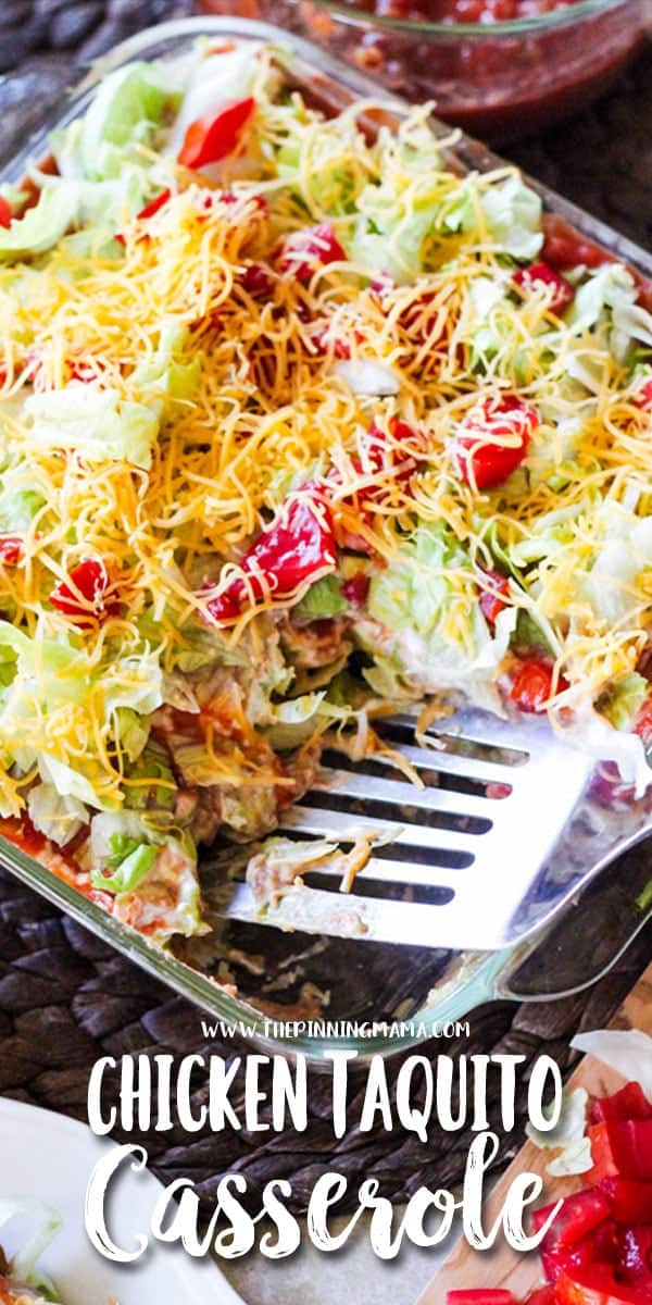 Chicken Taquito Casserole Recipe - This quick and easy dinner idea will be one that everyone LOVES! Plus it makes a great heavy appetizer perfect for football and tailgating. You can make this in as little as 20 minutes and people will absolutely beg for the recipe!