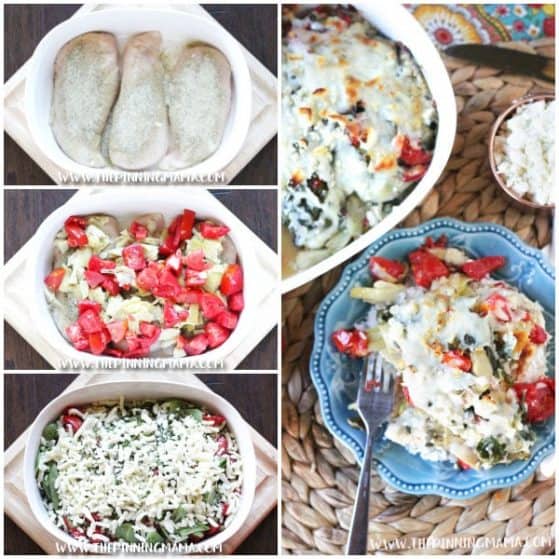 Spinach, artichoke, tomatoes, lemon, and feta all baked over chicken - Mediterranean Chicken Bake Recipe is so easy to make and clean up in only one dish! This recipe always impresses guests but is super simple to prep and get ready for a busy weeknight too!