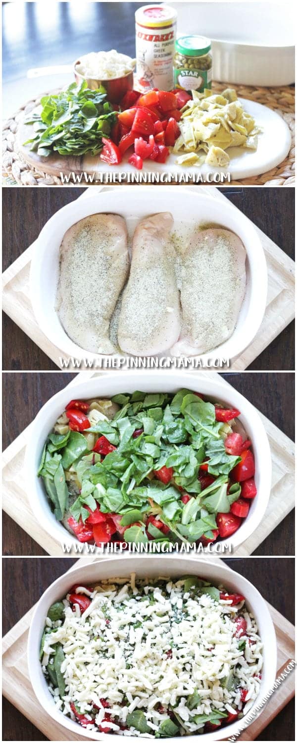 Spinach, artichoke, tomatoes, lemon, and feta all baked over chicken - Mediterranean Chicken Bake Recipe is so easy to make and clean up in only one dish! This recipe always impresses guests but is super simple to prep and get ready for a busy weeknight too!