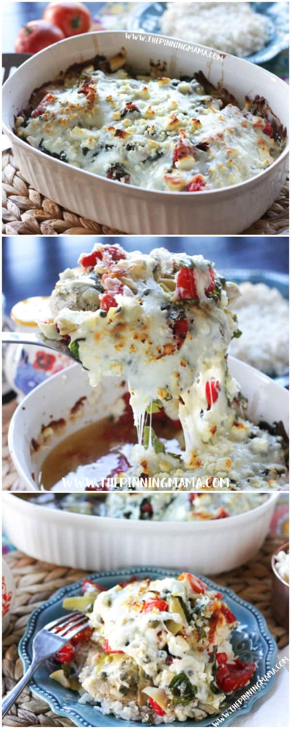 Keep the recipe handy because everyone will want it! Mediterranean Chicken Bake is a super easy dinner idea packed with spinach, artichokes, tomatoes, feta cheese and greek seasoning and made all in one dish for easy prep and clean up!