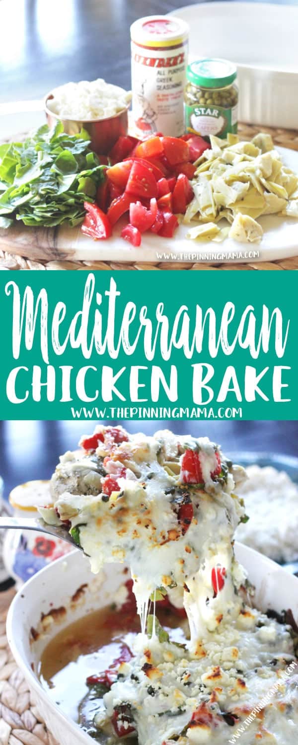 Easy + Delicious = Perfect dinner idea!! Mediterranean Chicken Bake Recipe is as simple as it is delicious. You make it in one pan and it is perfect for both busy week nights AND entertaining guests! Just get ready to hand out the recipe!