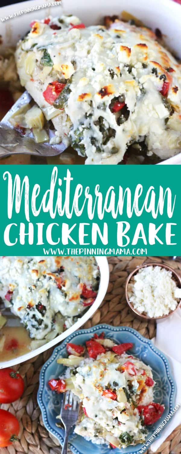Easy + Delicious = Perfect dinner idea!! Mediterranean Chicken Bake Recipe is as simple as it is delicious. You make it in one pan and it is perfect for both busy week nights AND entertaining guests! Just get ready to hand out the recipe!