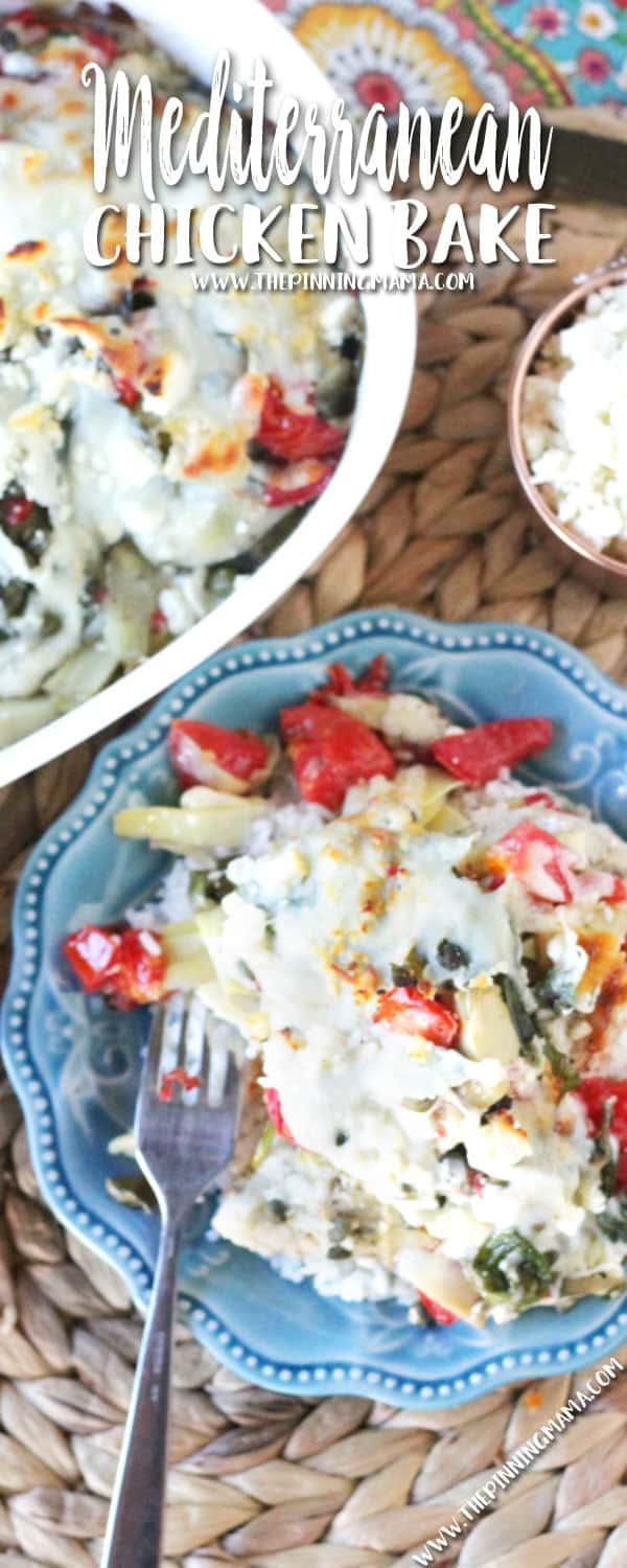 Keep the recipe handy because everyone will want it! Mediterranean Chicken Bake is a super easy dinner idea packed with spinach, artichokes, tomatoes, feta cheese and greek seasoning and made all in one dish for easy prep and clean up!