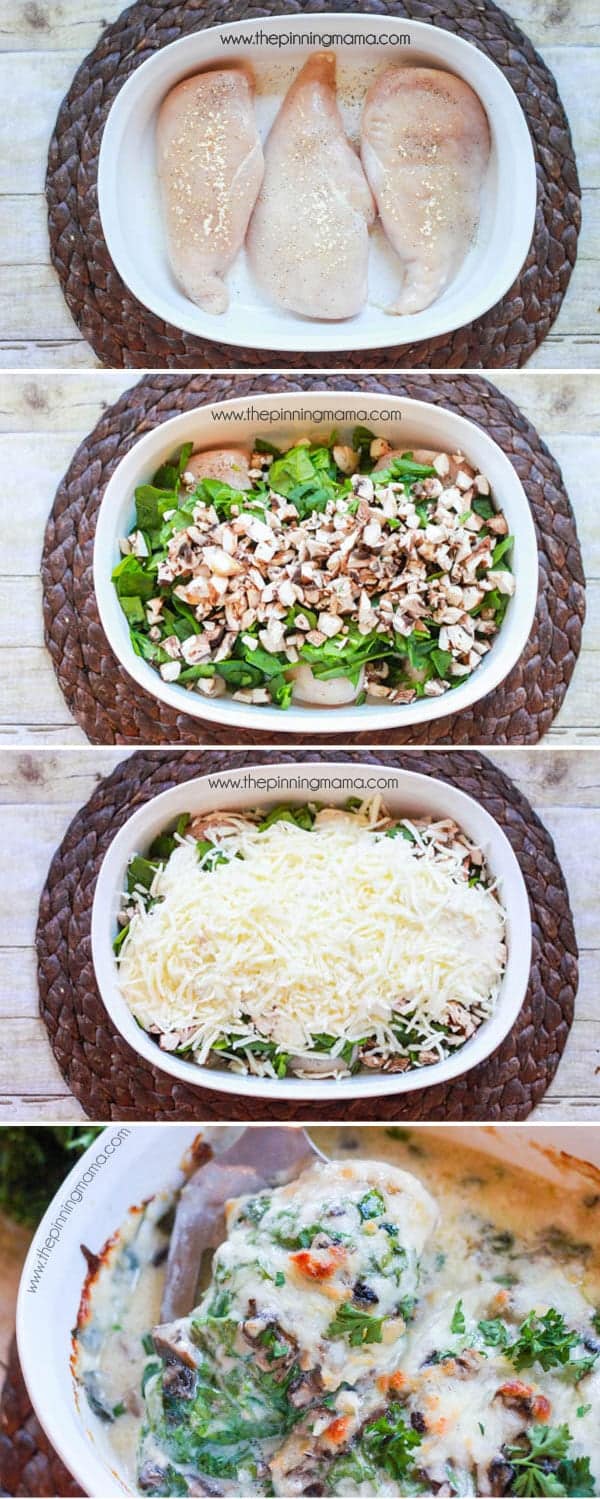 This is the BEST baked chicken dinner recipe I have made!! The Cali-Alfredo Chicken bake is chicken breast baked with spinach, mushrooms, bacon, alfredo and cheese on top. It literally tastes like something you order at a restaurant!