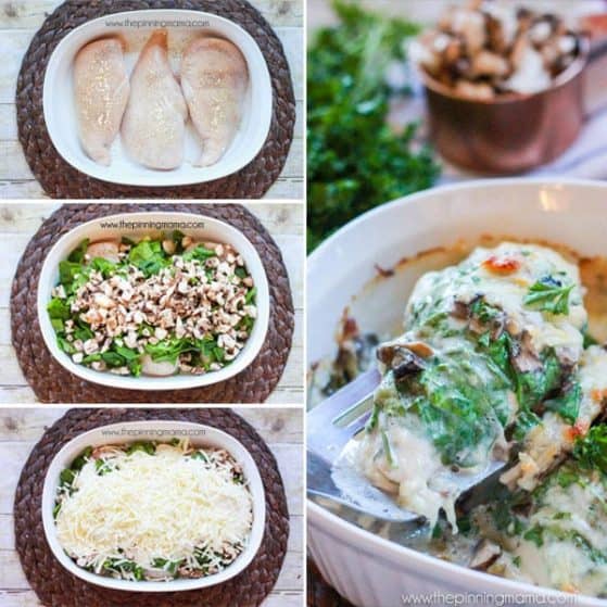 Easy + Delicious = BEST DINNER RECIPE EVER! The Cali-Alfredo Chicken bake is chicken breast baked with spinach, mushrooms, bacon, alfredo and cheese on top. It literally tastes like something you order at a restaurant!
