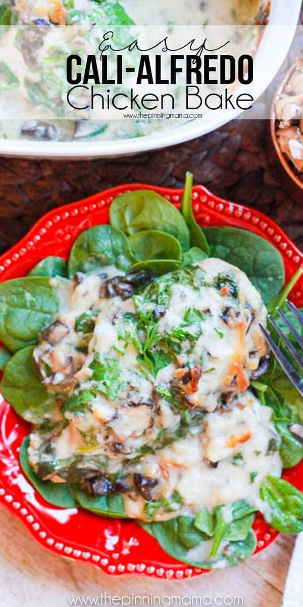 This tastes like it is from Olive Garden and it is SO EASY! The Cali-Alfredo Chicken bake recipe is chicken breast baked with spinach, mushrooms, bacon, alfredo and cheese on top. I literally make this once a week now!