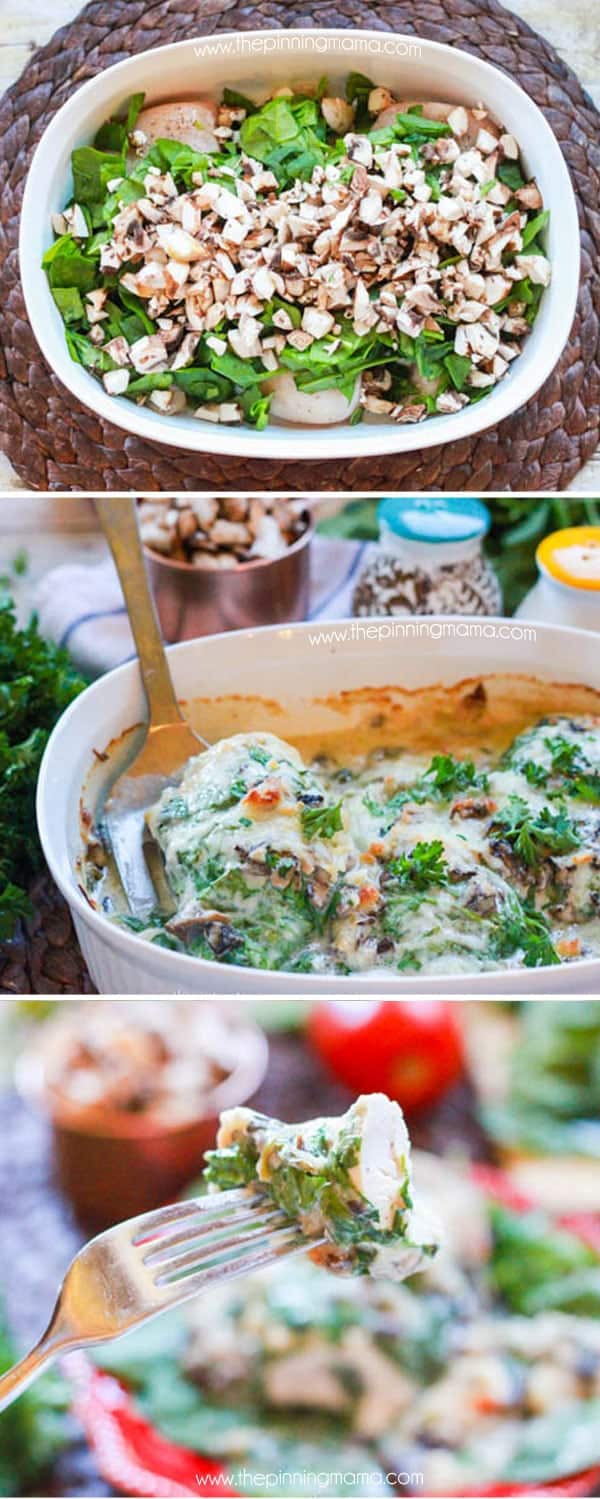 This tastes like it is from Olive Garden and it is SO EASY! The Cali-Alfredo Chicken bake recipe is chicken breast baked with spinach, mushrooms, bacon, alfredo and cheese on top. I literally make this once a week now!