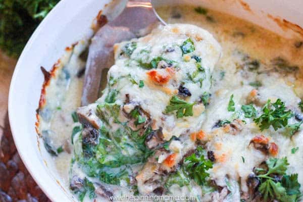 This is the BEST baked chicken dinner recipe I have made!! Chicken breast baked with spinach, mushrooms, bacon, alfredo and cheese on top. It literally tastes like something you order at a restaurant!