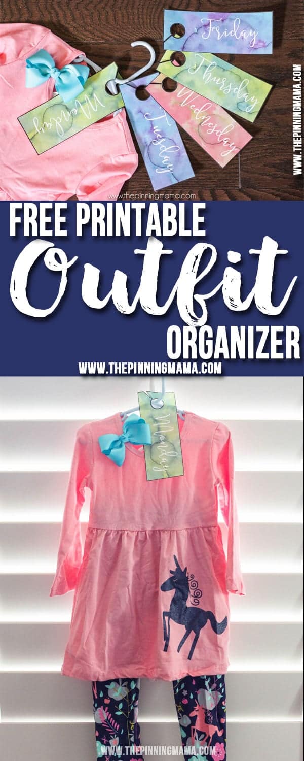 Free printable hang tags to organize outfits for each day of the week. Makes crazy, hectic mornings so much easier!