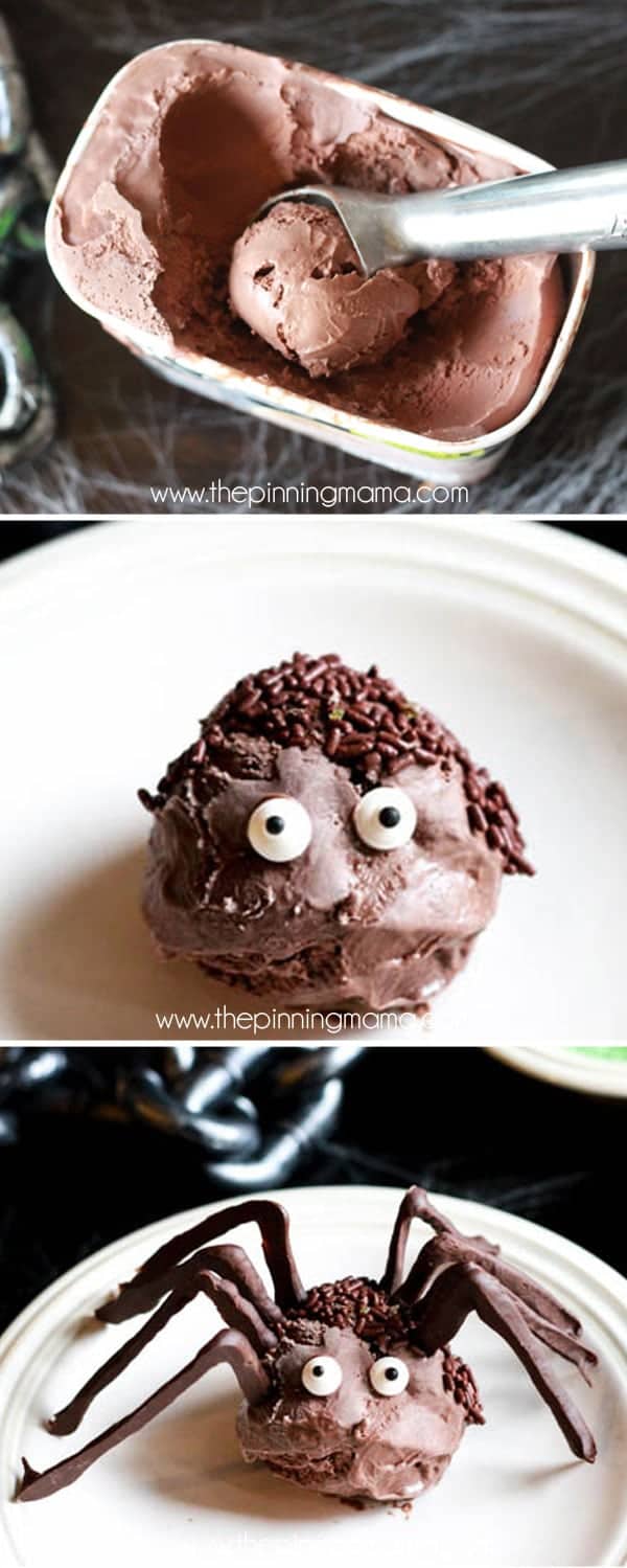 For when it is Halloween but still hot outside! GENIUS! These easy ice cream scoop spiders make a fun treat for Halloween or a bug themed birthday party. Everyone will rave over their absolute cuteness, and you can make them ahead of time for your party guests, or use it as a fun Halloween activity to make with your kids!