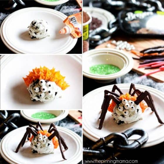 For when it is Halloween but still hot outside! GENIUS! These easy ice cream scoop spiders make a fun treat for Halloween or a bug themed birthday party. Everyone will rave over their absolute cuteness, and you can make them ahead of time for your party guests, or use it as a fun Halloween activity to make with your kids!