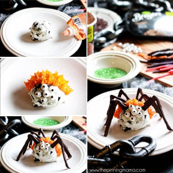 For when it is Halloween but still hot outside! GENIUS! These easy ice cream scoop spiders make a fun treat for Halloween or a bug themed birthday party. Everyone will rave over their absolute cuteness, and you can make them ahead of time for your party guests, or use it as a fun Halloween activity to make with your kids!