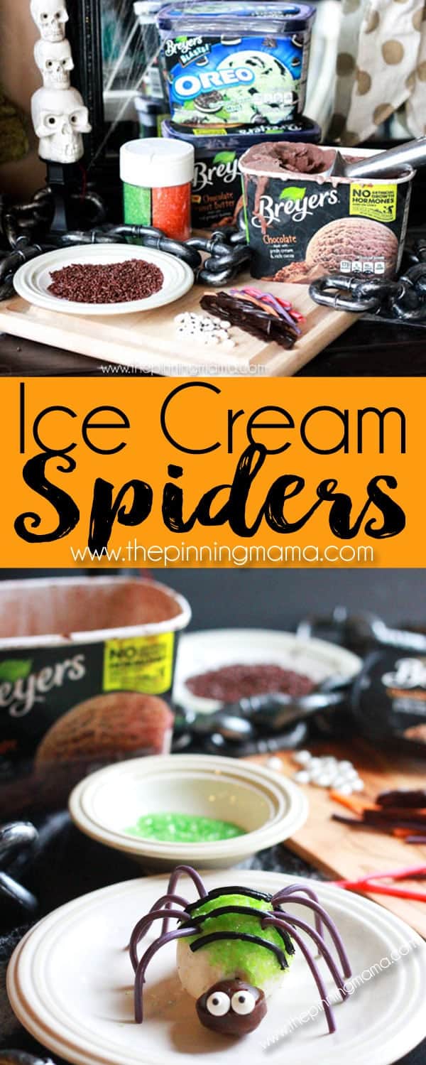 The Cutest!!! And so EASY! These ice cream spiders are perfect for a halloween party or for a bug themed birthday party! Just scoop, decorate and serve, or let the kids decorate their own as a fun creative activity!