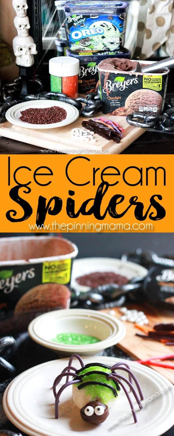 The Cutest!!! And so EASY! These ice cream spiders are perfect for a halloween party or for a bug themed birthday party! Just scoop, decorate and serve, or let the kids decorate their own as a fun creative activity!