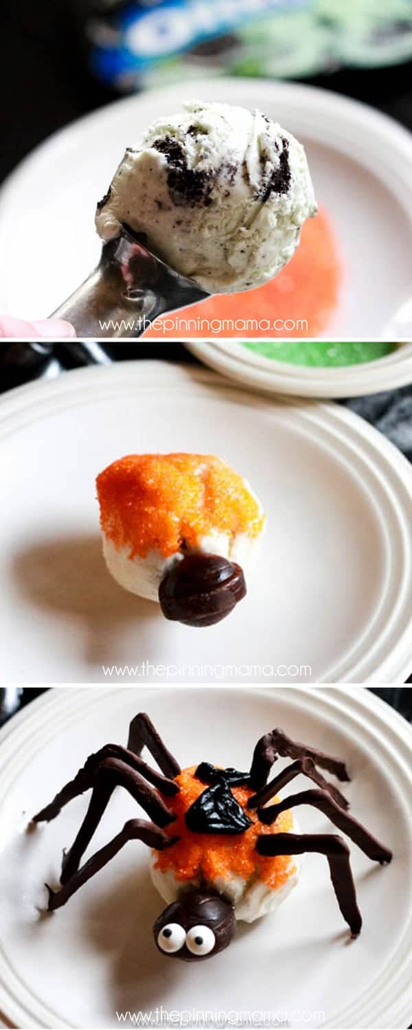 For when it is Halloween but still hot outside! GENIUS! These easy ice cream scoop spiders make a fun treat for Halloween or a bug themed birthday party. Everyone will rave over their absolute cuteness, and you can make them ahead of time for your party guests, or use it as a fun Halloween activity to make with your kids!