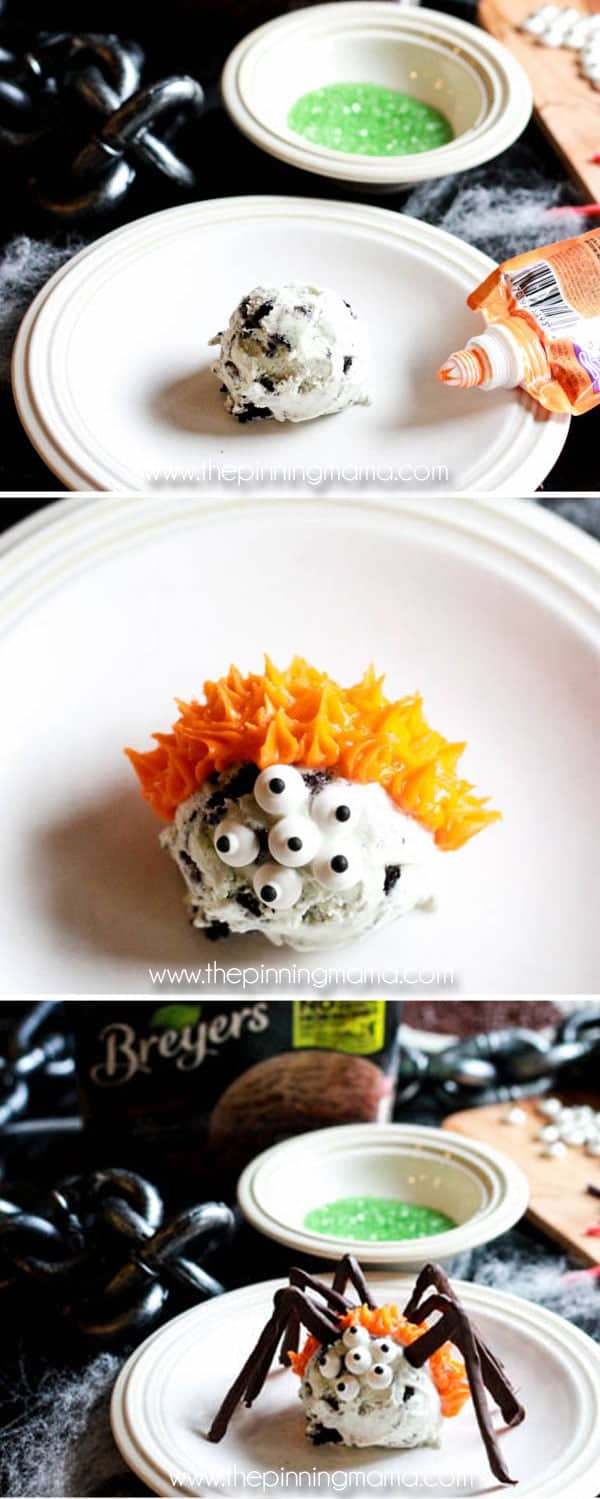 For when it is Halloween but still hot outside! GENIUS! These easy ice cream scoop spiders make a fun treat for Halloween or a bug themed birthday party. Everyone will rave over their absolute cuteness, and you can make them ahead of time for your party guests, or use it as a fun Halloween activity to make with your kids!