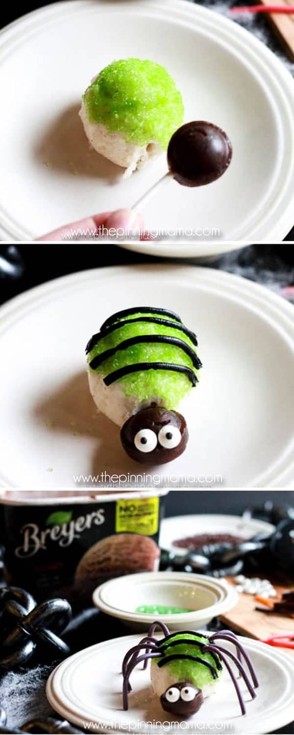 For when it is Halloween but still hot outside! GENIUS! These easy ice cream scoop spiders make a fun treat for Halloween or a bug themed birthday party. Everyone will rave over their absolute cuteness, and you can make them ahead of time for your party guests, or use it as a fun Halloween activity to make with your kids!