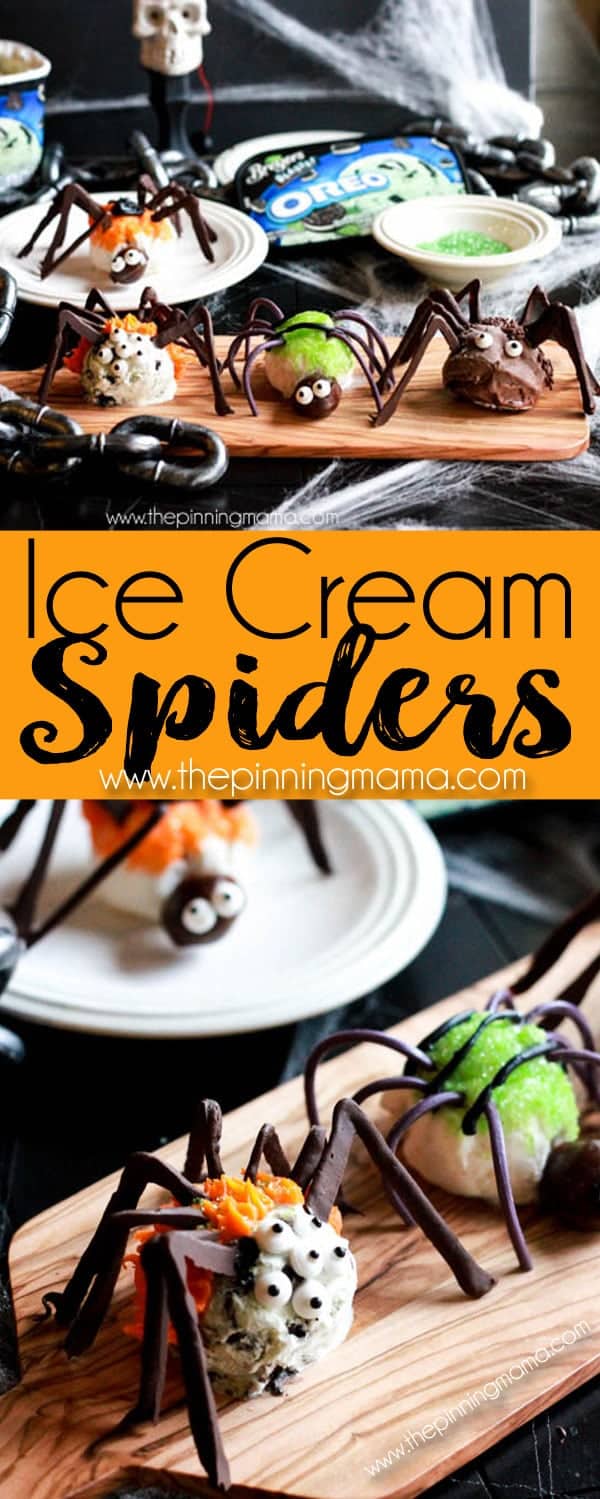 For when it is Halloween but still hot outside! GENIUS! These easy ice cream scoop spiders make a fun treat for Halloween or a bug themed birthday party. Everyone will rave over their absolute cuteness, and you can make them ahead of time for your party guests, or use it as a fun Halloween activity to make with your kids!