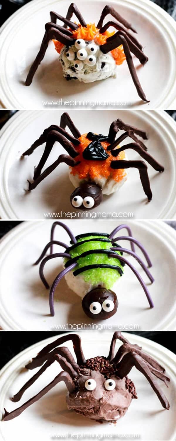 For when it is Halloween but still hot outside! GENIUS! These easy ice cream scoop spiders make a fun treat for Halloween or a bug themed birthday party. Everyone will rave over their absolute cuteness, and you can make them ahead of time for your party guests, or use it as a fun Halloween activity to make with your kids!