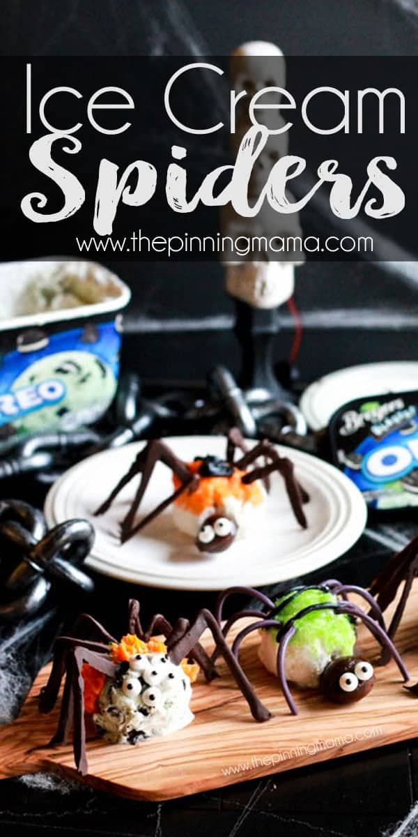 For when it is Halloween but still hot outside! GENIUS! These easy ice cream scoop spiders make a fun treat for Halloween or a bug themed birthday party. Everyone will rave over their absolute cuteness, and you can make them ahead of time for your party guests, or use it as a fun Halloween activity to make with your kids!