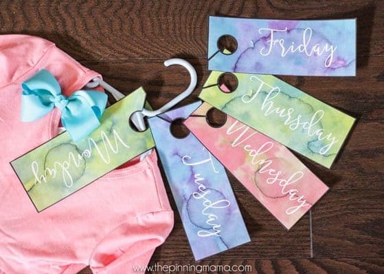 Free printable hang tags to organize outfits for each day of the week. Makes crazy, hectic mornings so much easier!
