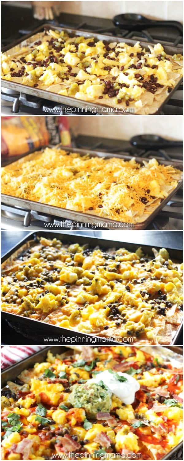 Breakfast Nachos Recipe - This quick and easy breakfast recipe will become a quick favorite if you love nachos as much as we do! Crispy tortilla chips are layered with eggs, bacon, enchilada sauce and a few other ingredients to make a breakfast to feed 2 or feed a crowd in just minutes.