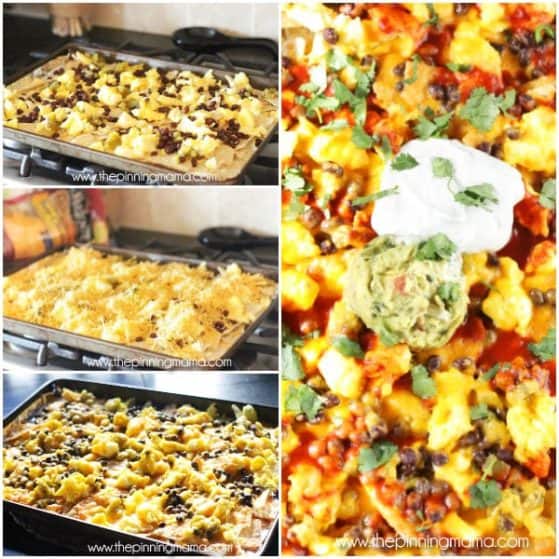 Breakfast Nachos Recipe - This quick and easy breakfast recipe will become a quick favorite if you love nachos as much as we do! Crispy tortilla chips are layered with eggs, bacon, enchilada sauce and a few other ingredients to make a breakfast to feed 2 or feed a crowd in just minutes.