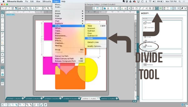 Where to find the divide tool in Silhouette Studio