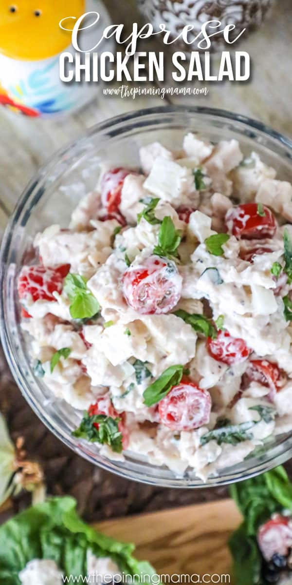 New favorite lunch! This Caprese Chicken salad is loaded with tomatoes, fresh mozzarella, and basil and is totally delicious! Great easy recipe!
