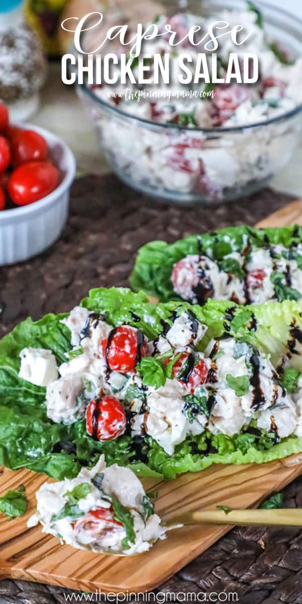 New favorite lunch! This Caprese Chicken salad is loaded with tomatoes, fresh mozzarella, and basil and is totally delicious! Great easy recipe!
