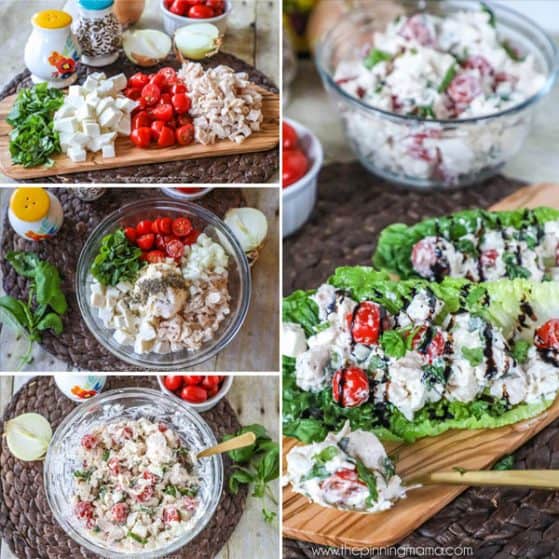Crazy Delicious!! This Caprese chicken salad has less than 10 ingredients and is so easy to whip up fast! Perfect for a brunch or shower recipe!
