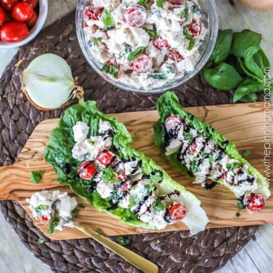 Crazy Delicious!! This Caprese chicken salad has less than 10 ingredients and is so easy to whip up fast! Perfect for a brunch or shower recipe!