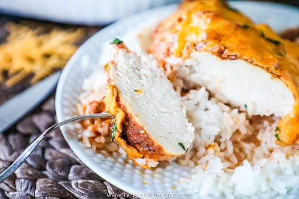 Salsa Chicken Bake- 4 ingredients make magic happen in this easy dinner recipe! I love that I can throw this chicken casserole together in 10 minutes and have it in the oven baking!