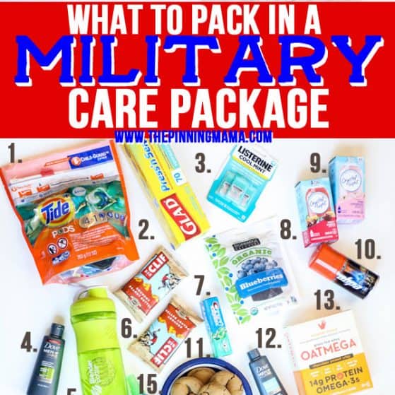Over 30 ideas on what to pack in a military care package. This list is packed with practical, fun, and sentimental ideas to send to our troops over seas.